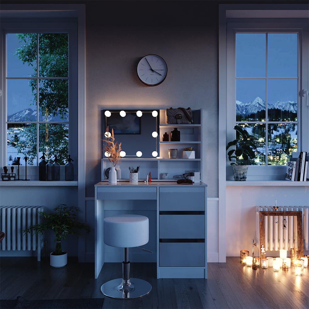 Schminktisch mit LED Beleuchtung, Hocker und Spiegelregal Weiß