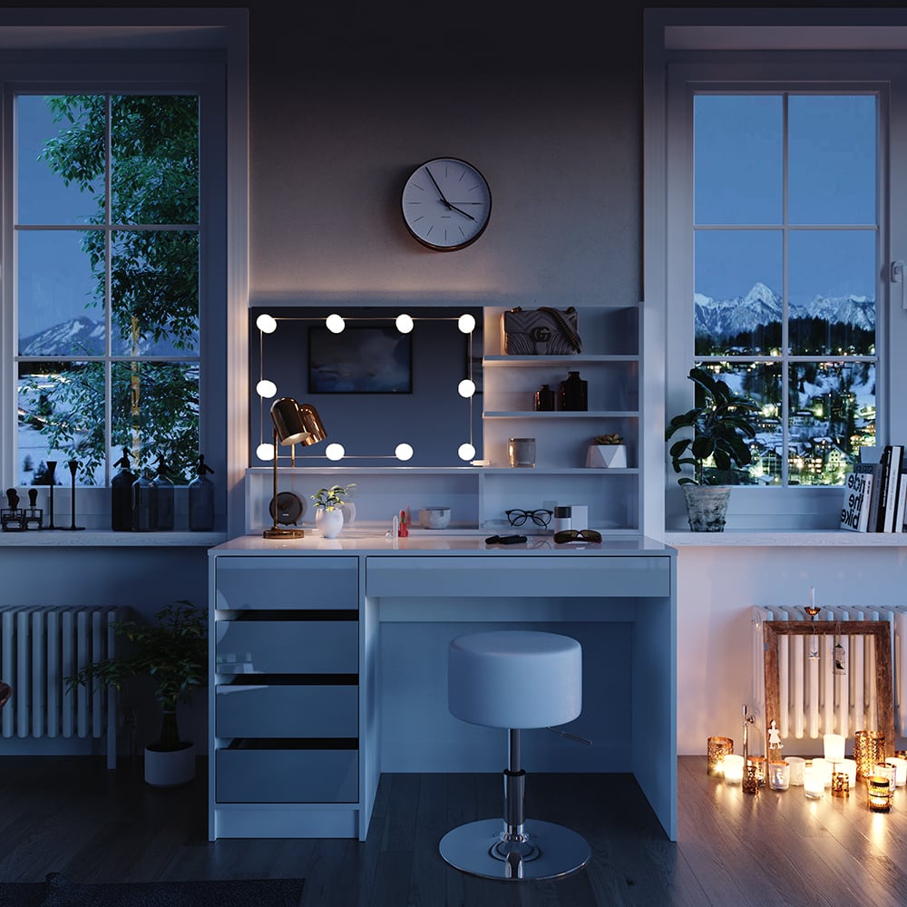 Schminktisch mit LED Beleuchtung, Hocker und Spiegelregal Weiß