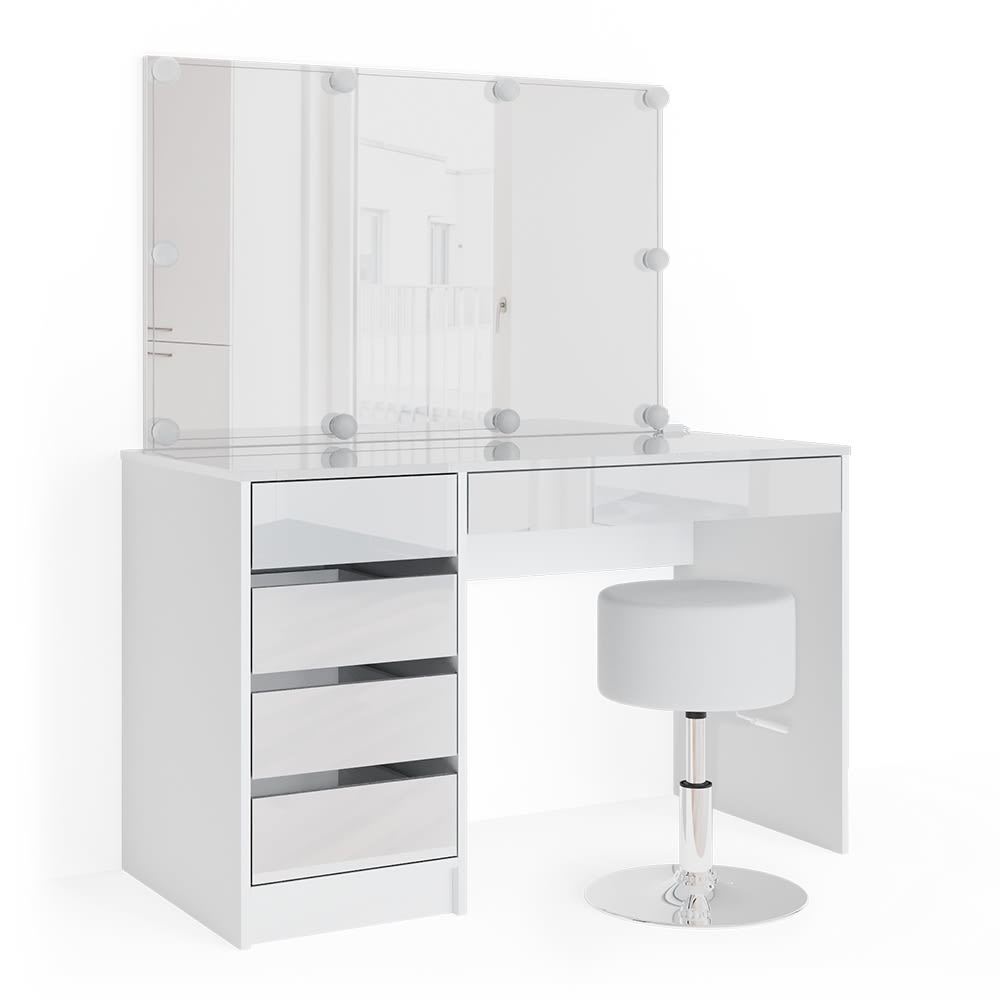 Vicco Schminktisch mit Spiegel, LED-Lichterkette und Hocker Weiß 120x145cm style modern Weiß Spanplatte