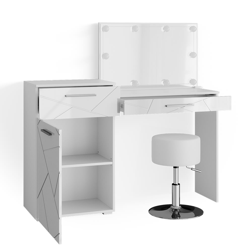 Vicco Schminktisch mit LED Beleuchtung und Hocker Weiß 135x90cm style modern Weiß Spanplatte