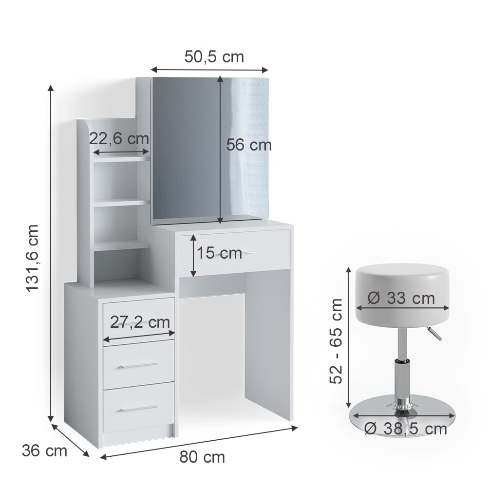 Schminktisch mit Spiegel und Hocker Weiß 80x131.6cm - Maisons Du