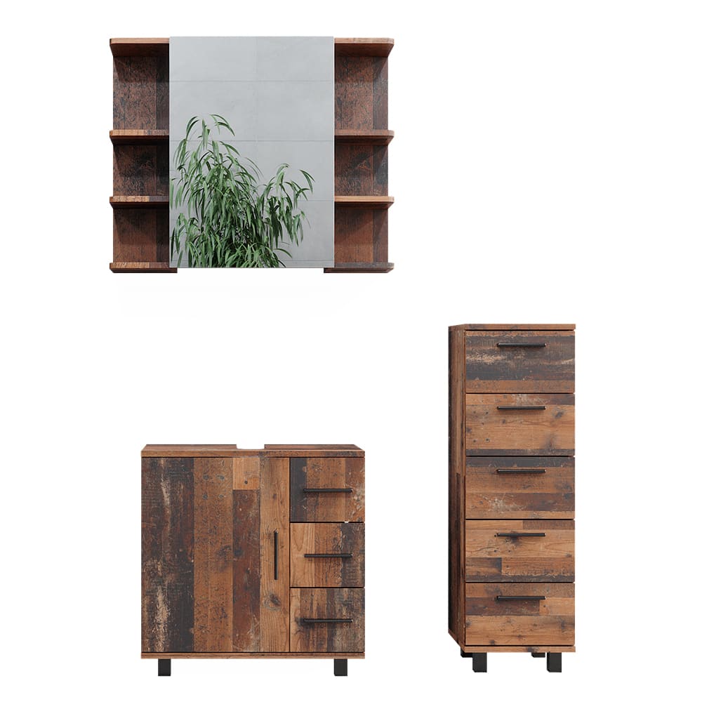 Vicco Badmöbel-Set 3-teilig Eiche rustikal 60x60.8cm style modern Braun Spanplatte
