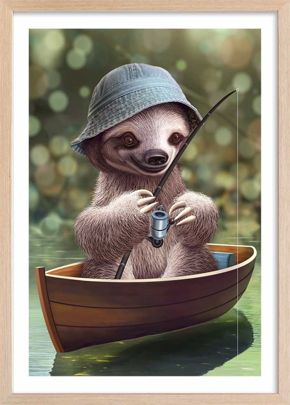 Affiche enfant paresseux à la pêche  avec cadre bois 40x60 cm