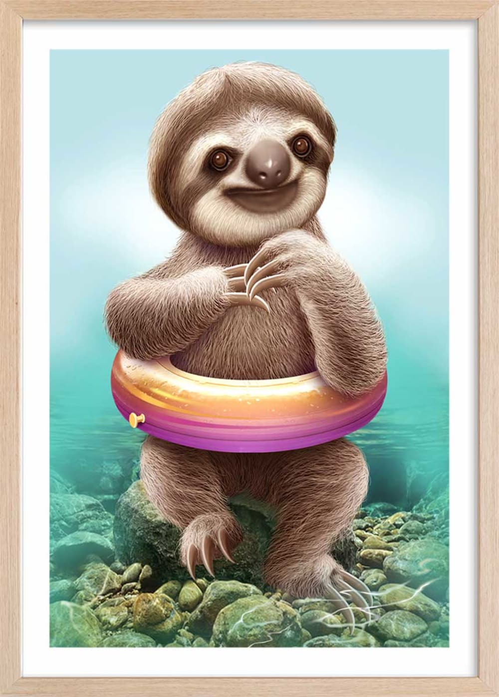 Affiche enfant jeune paresseux avec bouée  avec cadre bois 40x60 cm