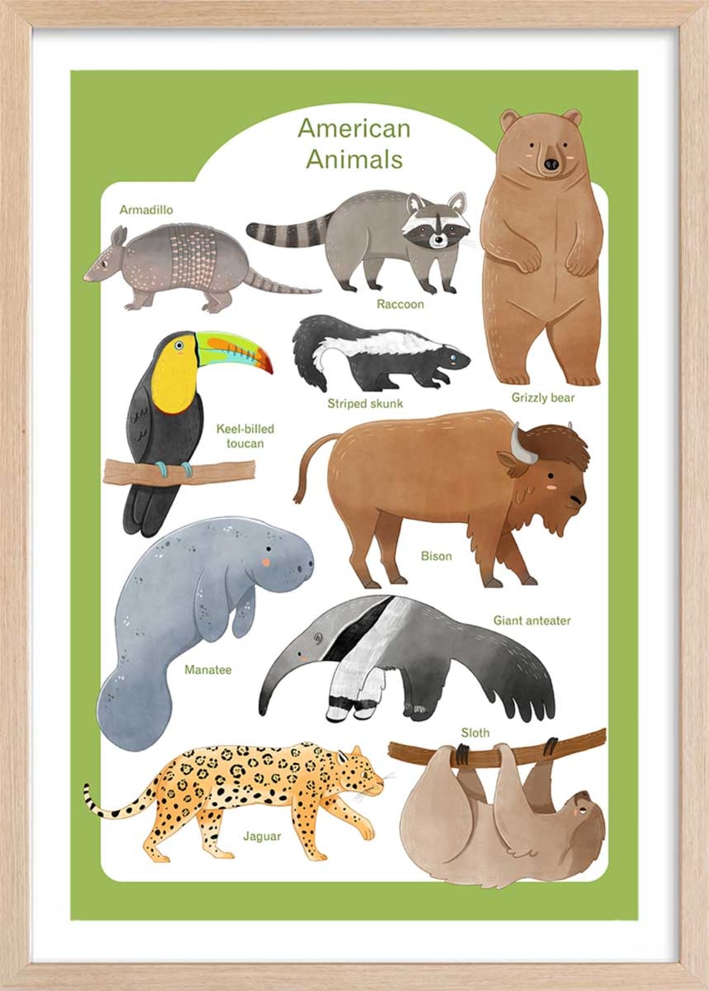 Affiche enfant animaux d'amérique  avec cadre bois 40x60 cm