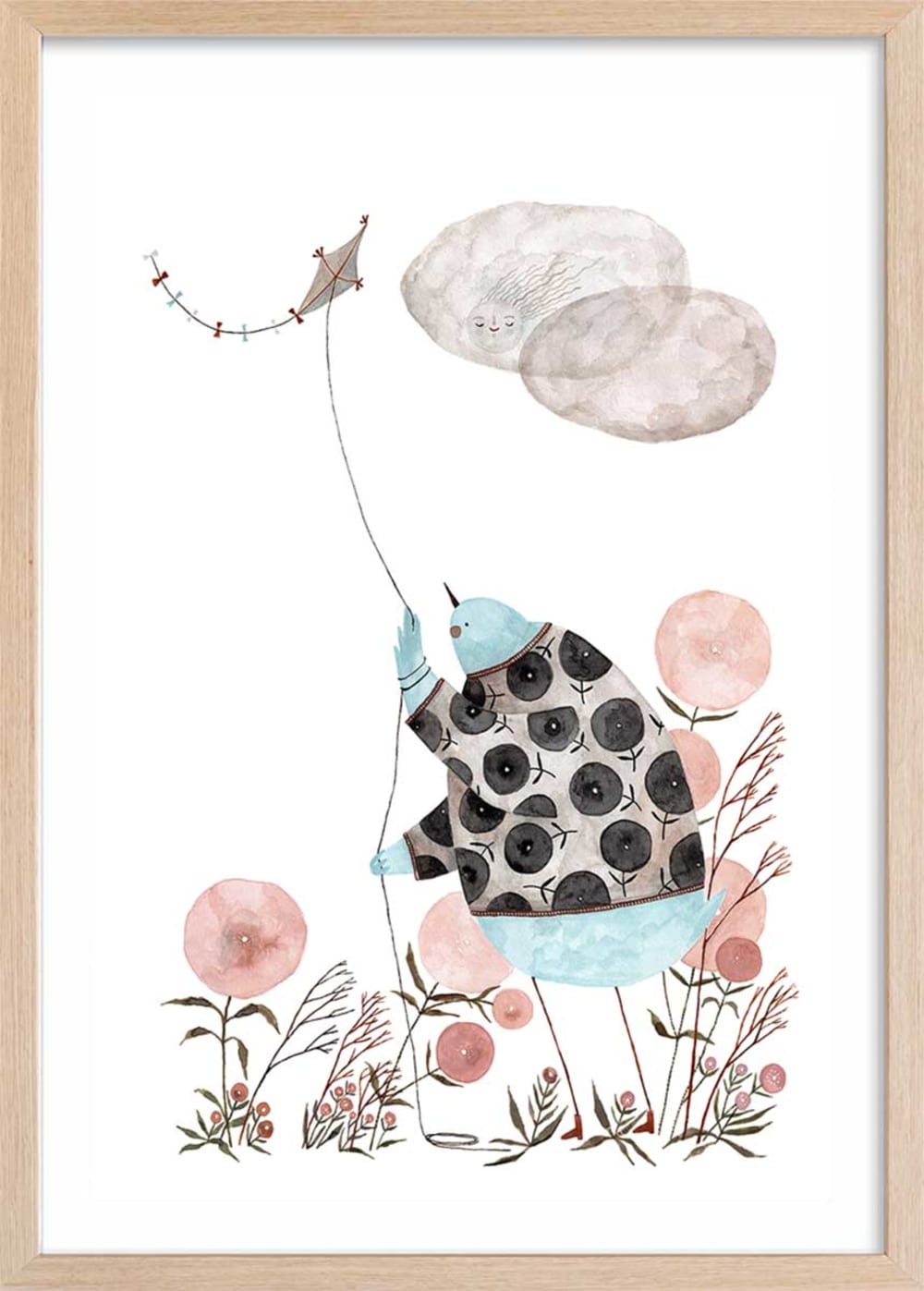 Affiche enfant cerf volant avec cadre bois 40x60 cm