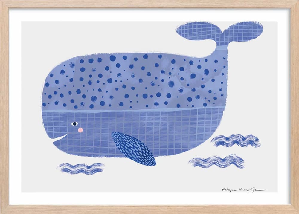Affiche enfant baleine bleue  avec cadre bois 60x40 cm