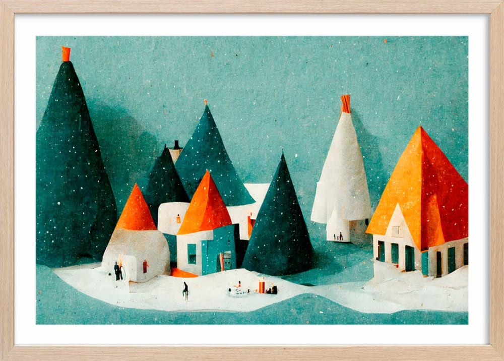 Affiche enfant petit village de neige  avec cadre bois 60x40 cm