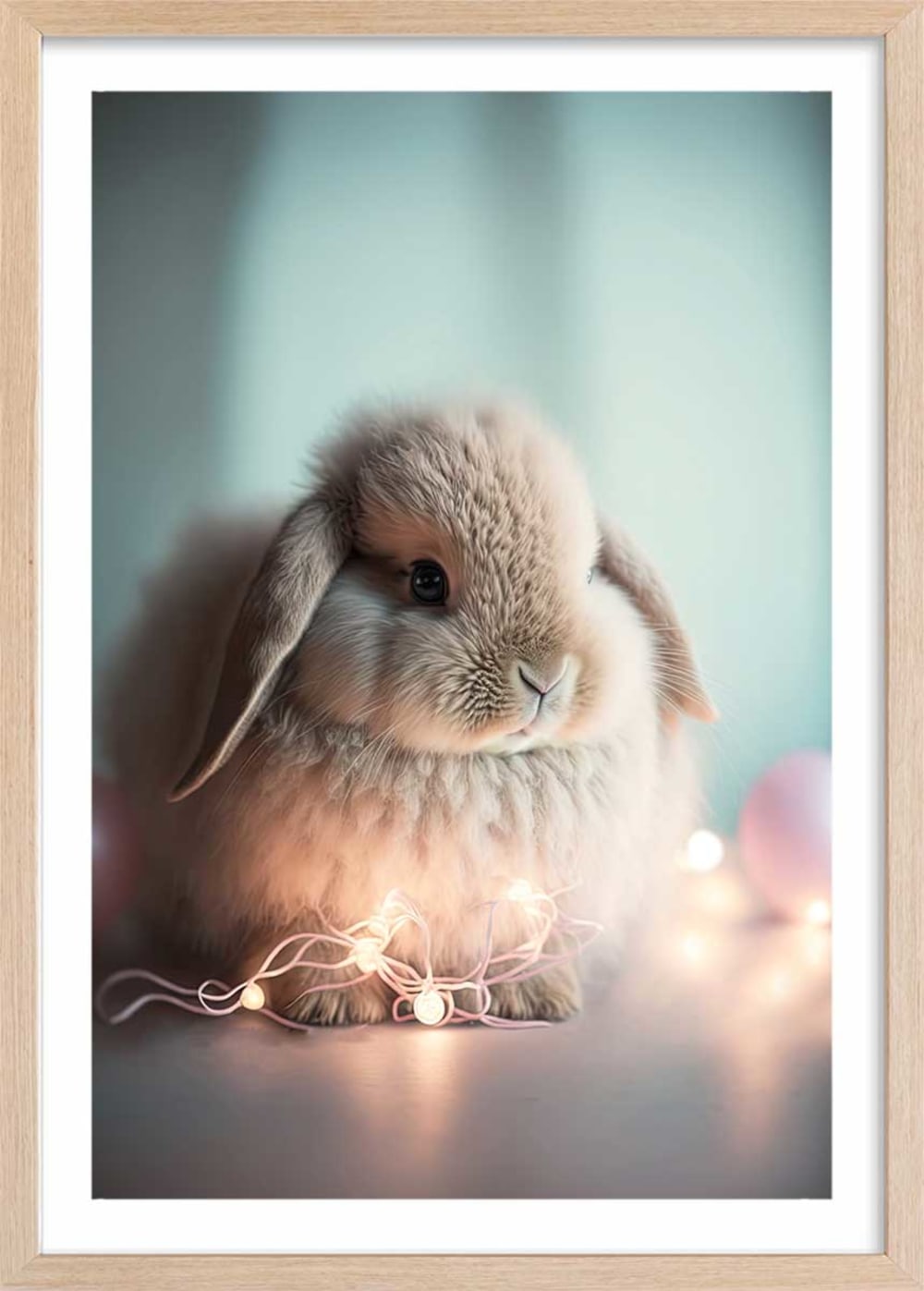 Affiche enfant lapin lumineux avec cadre bois 40x60 cm