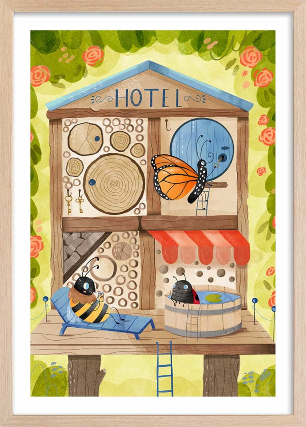 Affiche enfant hôtel pour insectes  avec cadre bois 40x60 cm