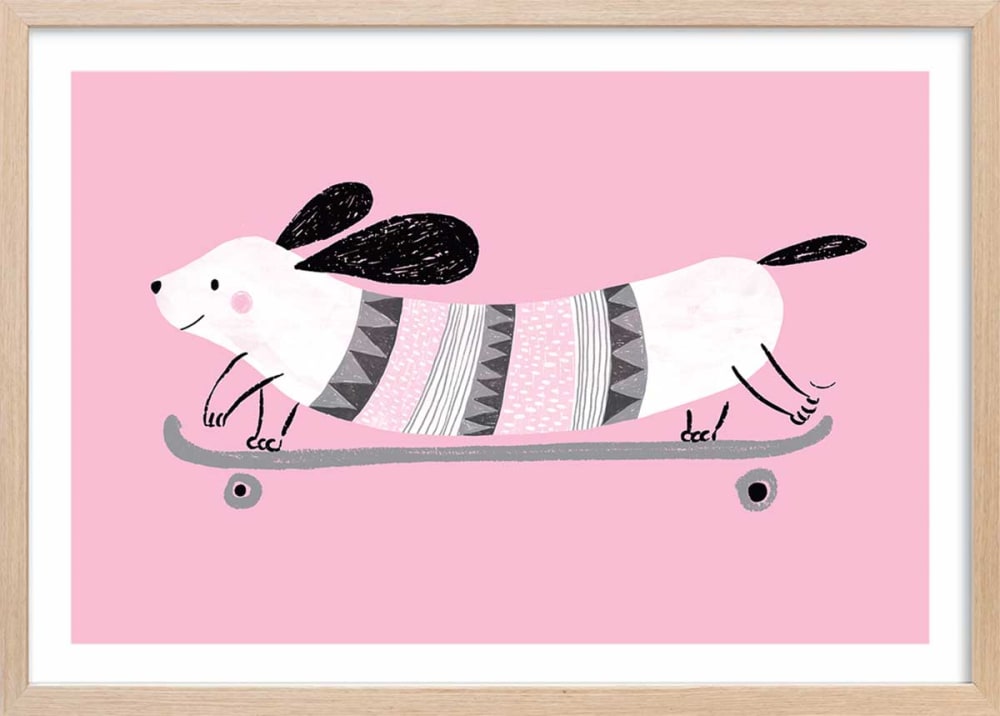 Affiche enfant chien rose avec cadre bois 60x40 cm