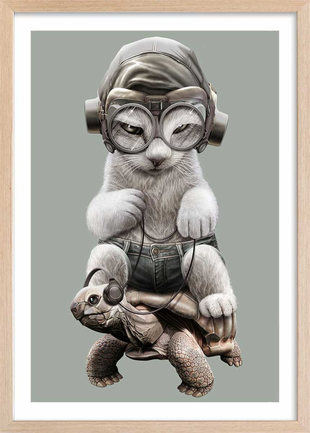 Affiche enfant chat sur une tortue  avec cadre bois 40x60 cm