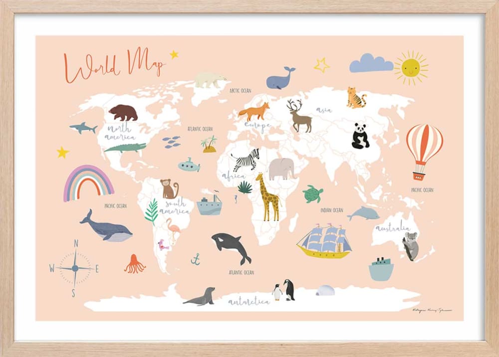 Affiche enfant exploration  avec cadre bois 60x40 cm