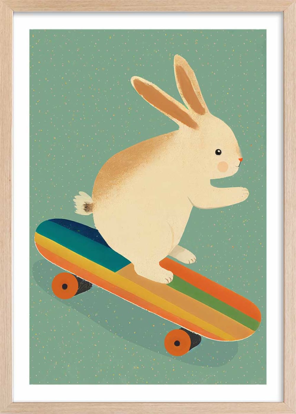 Affiche enfant lapin sur skateboard  avec cadre bois 40x60 cm