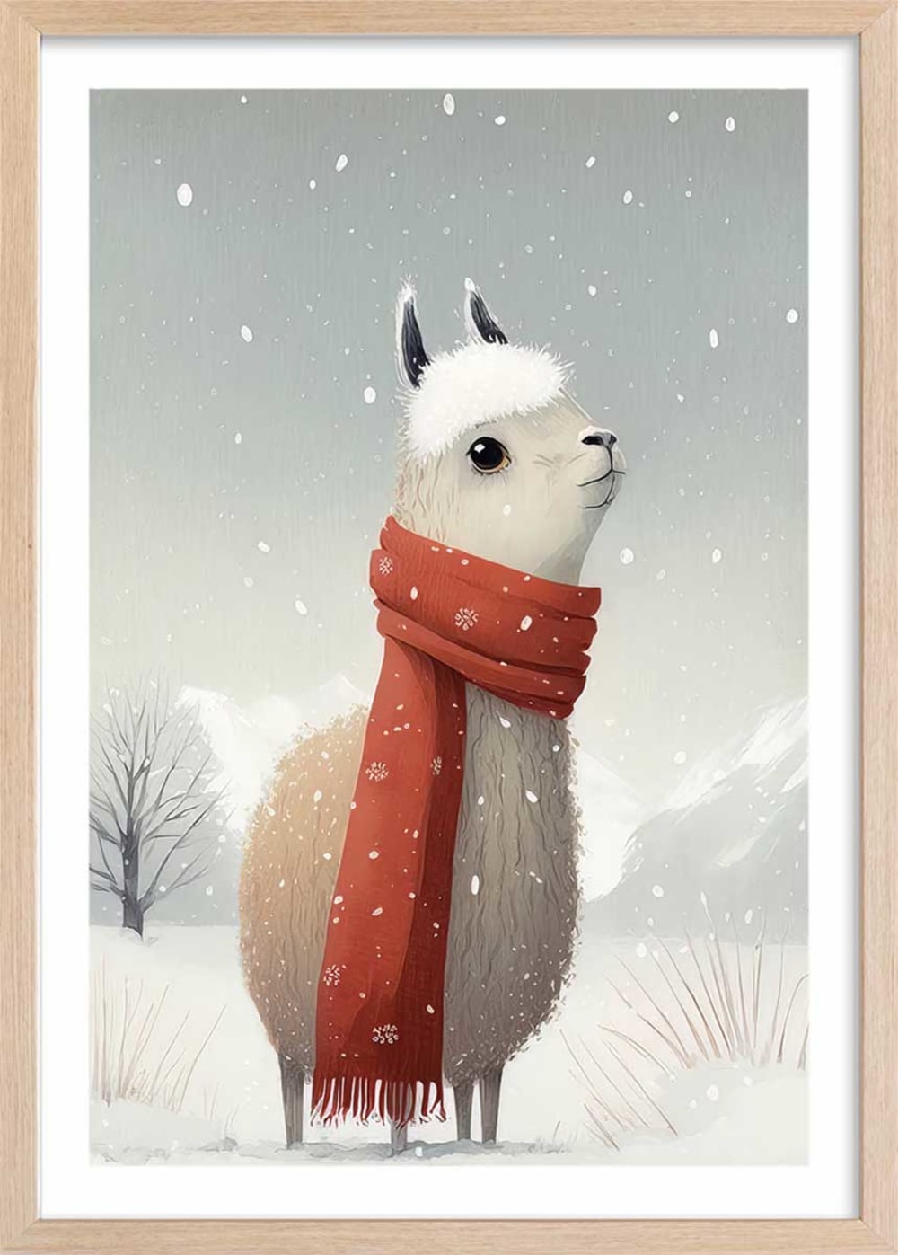 Affiche enfant lama et son écharpe  avec cadre bois 40x60 cm