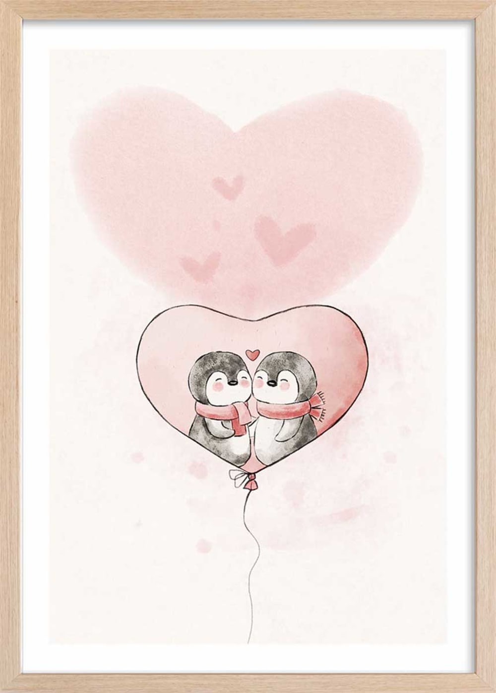 Affiche enfant pingouin amoureux  avec cadre bois 40x60 cm