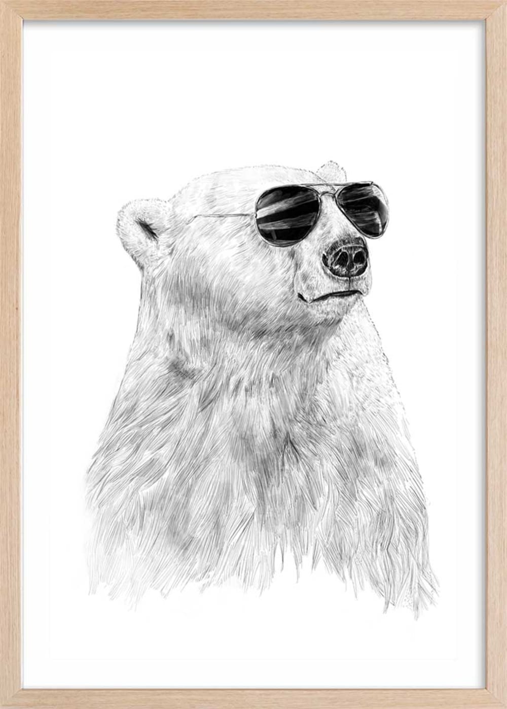 Affiche enfant ours polaire et lunette  avec cadre bois 40x60 cm