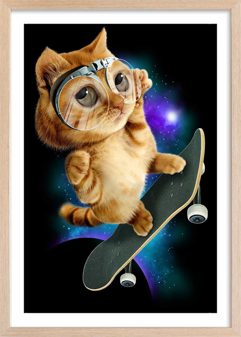 Affiche enfant skate chat avec cadre bois 40x60 cm