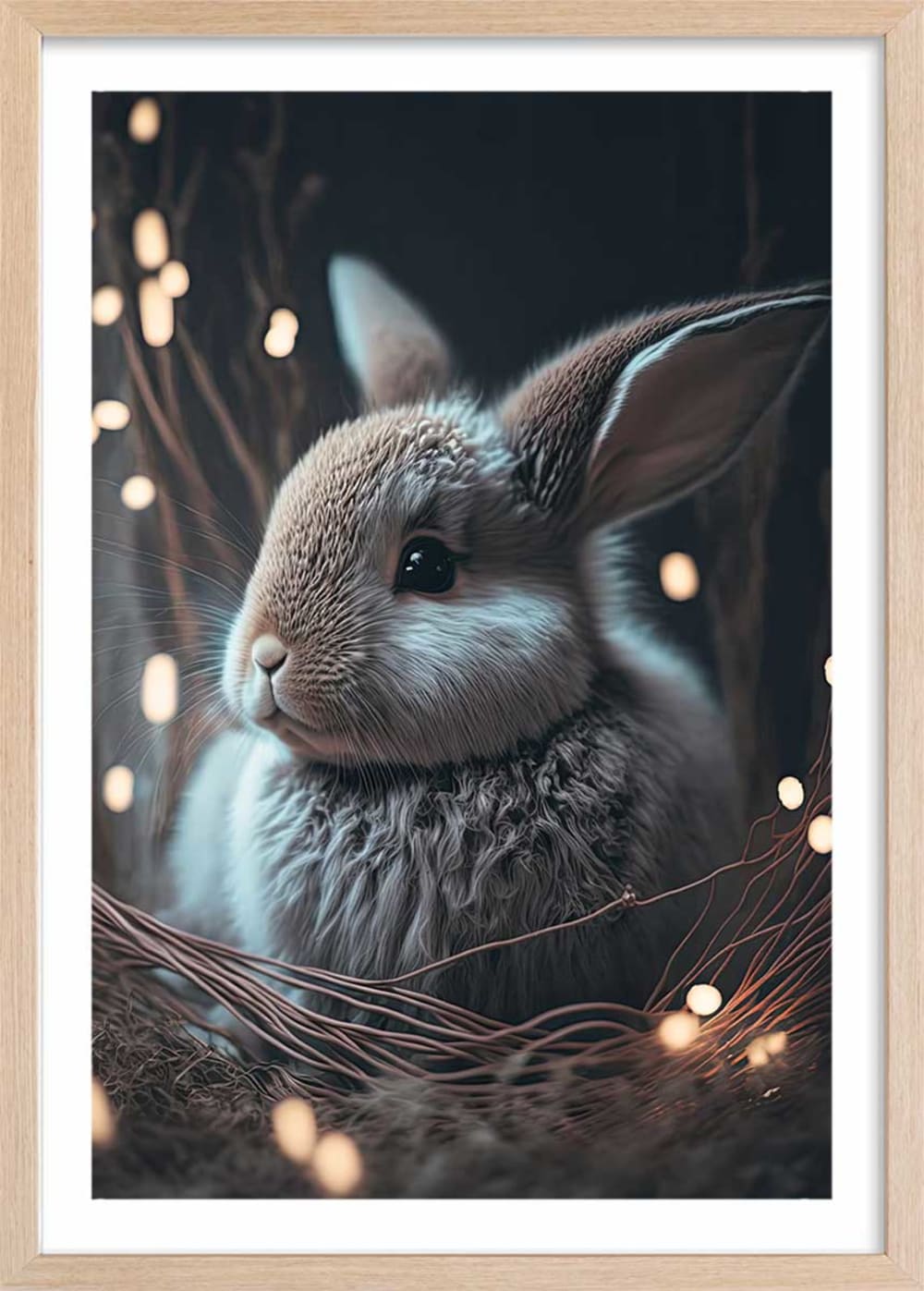 Affiche enfant lapin dans le nid  avec cadre bois 40x60 cm