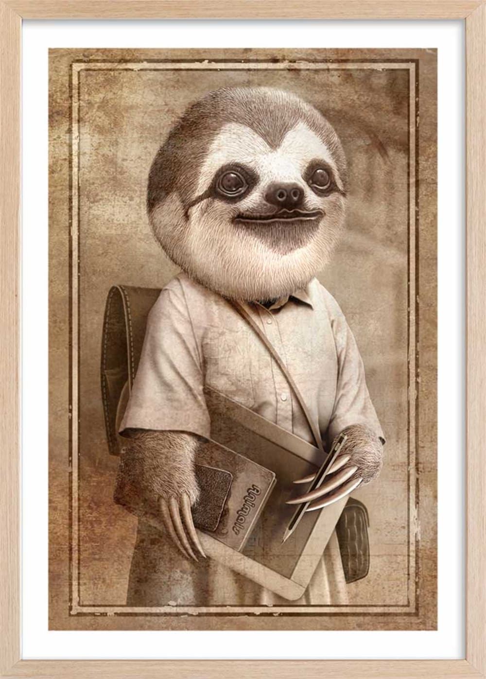 Affiche enfant paresseux étudiant  avec cadre bois 40x60 cm