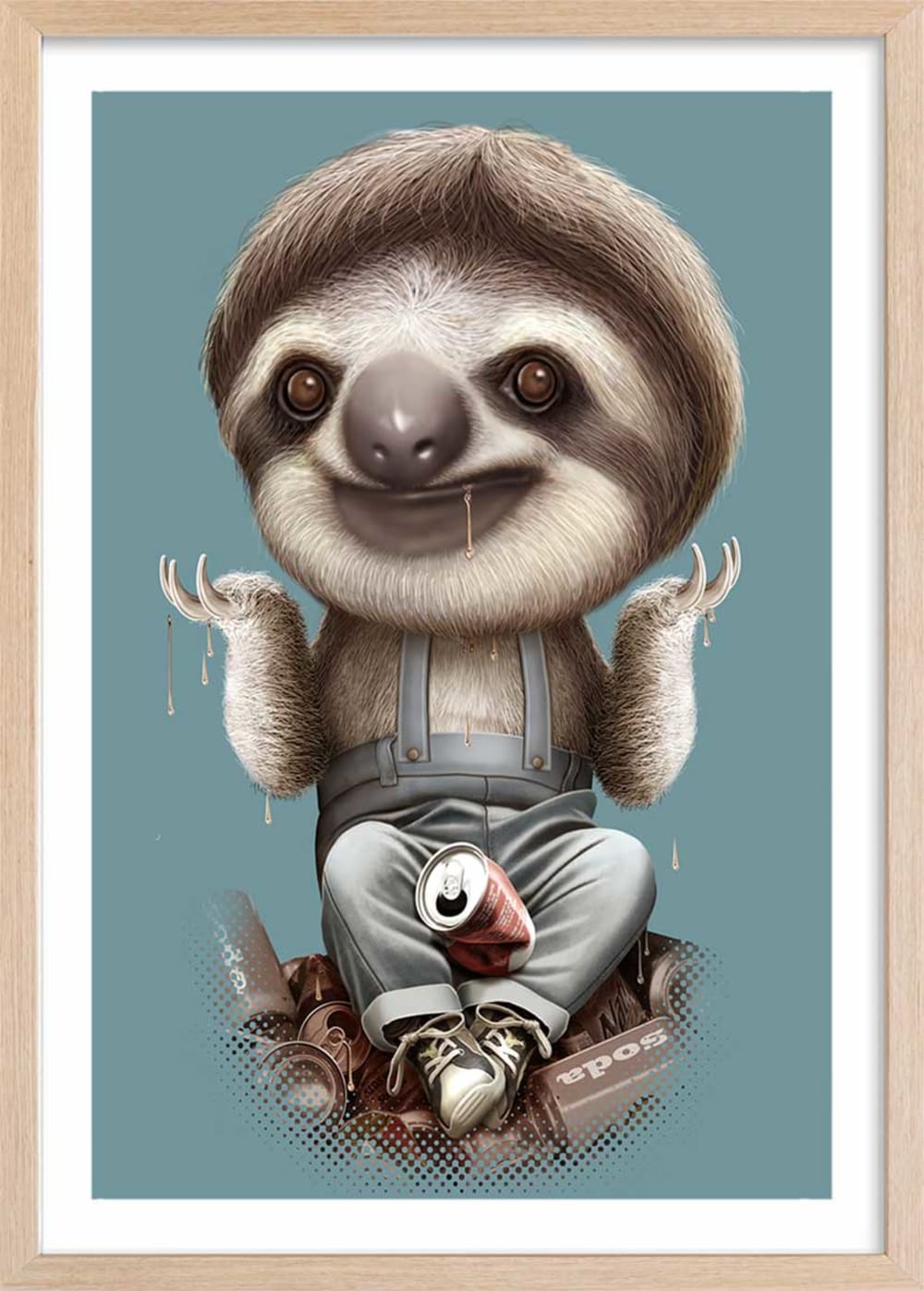 Affiche enfant les paresseux s'en fichent  avec cadre bois 40x60 cm