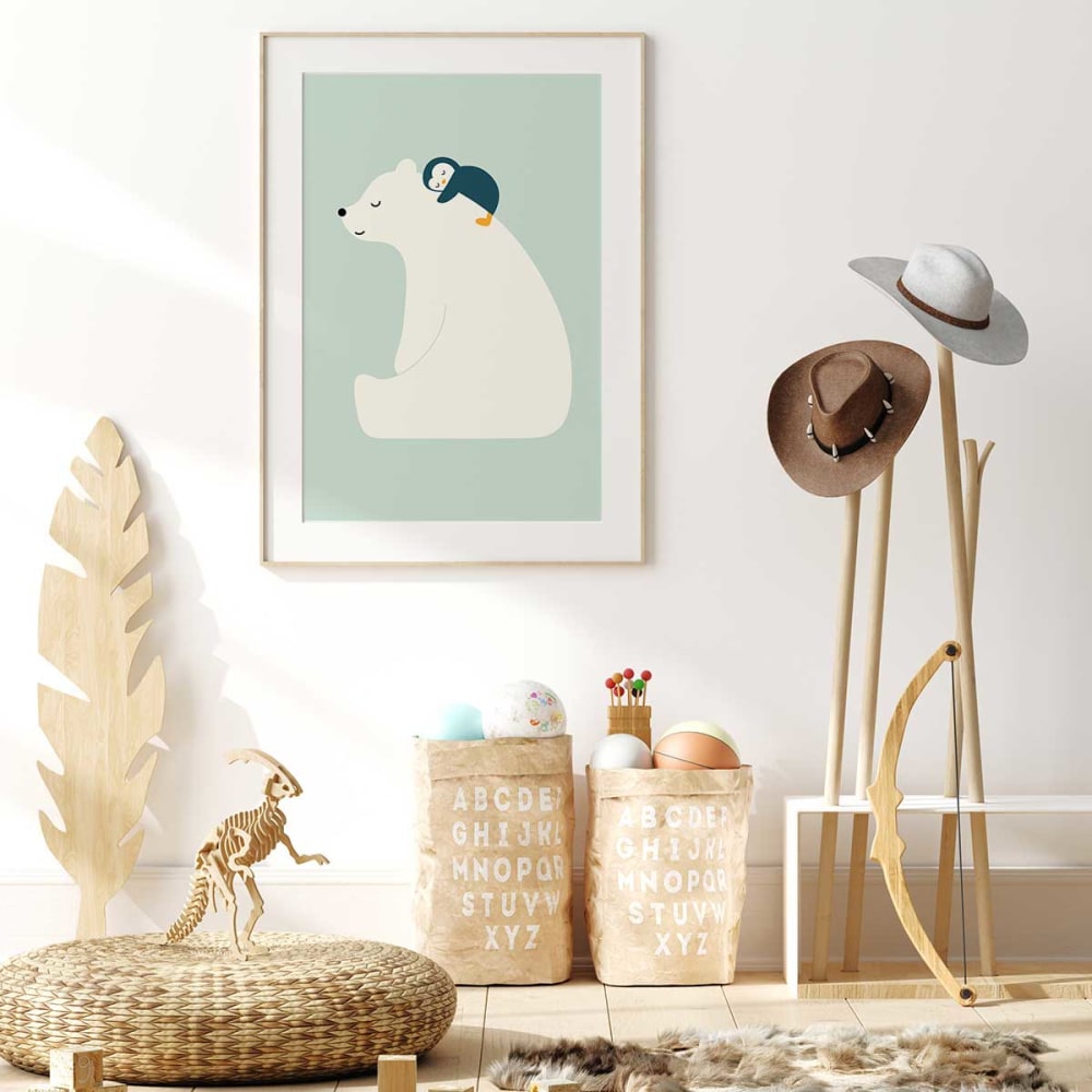 Affiche enfant calin polaire avec cadre bois 40x60 cm (Hexoa) - Image 1