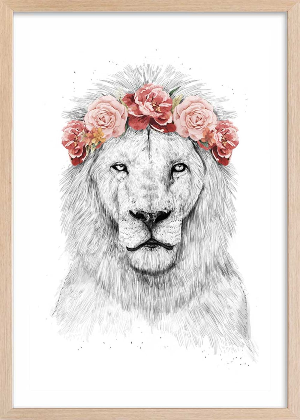 Affiche enfant lion et couronne de fleurs  avec cadre bois 40x60 cm