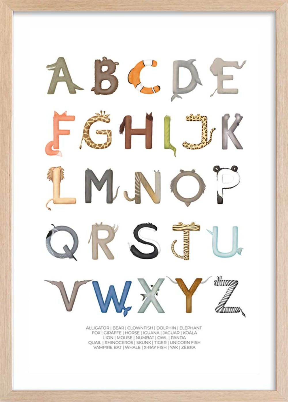 Affiche enfant lettres anglaises  avec cadre bois 40x60 cm