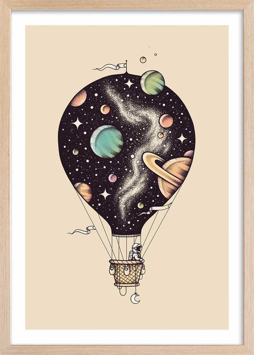 Affiche enfant montgolfiere en cosmos  avec cadre bois 40x60 cm