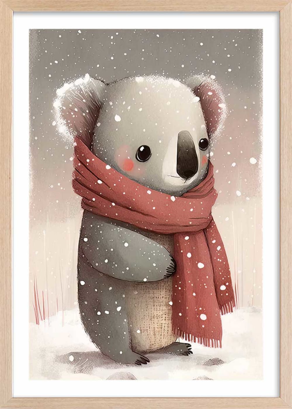 Affiche enfant koala sous la neige  avec cadre bois 40x60 cm