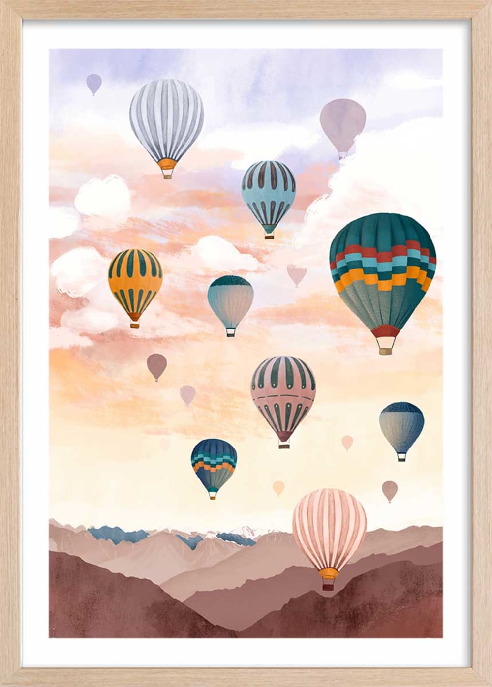 Affiche enfant ciel de montgolfière  avec cadre bois 40x60 cm