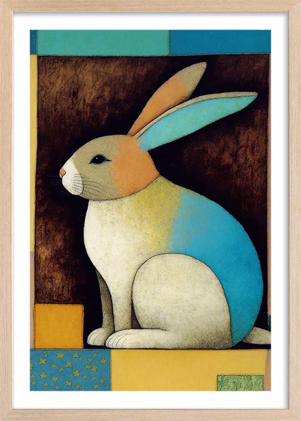Affiche enfant lapin dans la boîte  avec cadre bois 40x60 cm