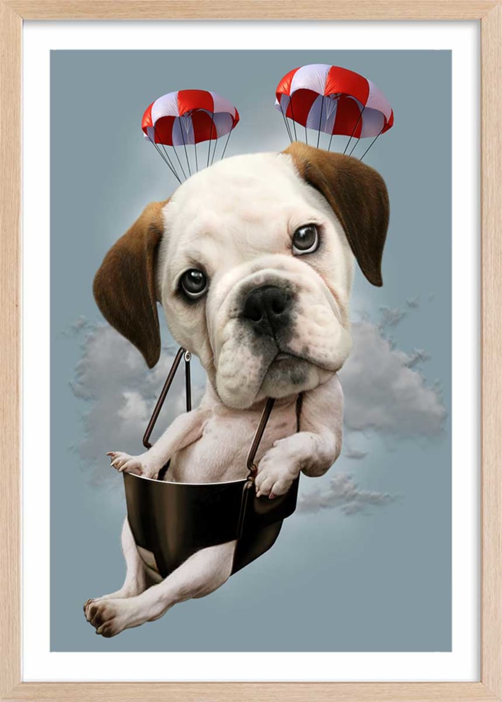 Affiche enfant chiot sur parachute  avec cadre bois 40x60 cm