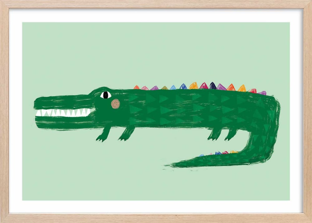 Affiche enfant crocodile vert avec cadre bois 60x40 cm