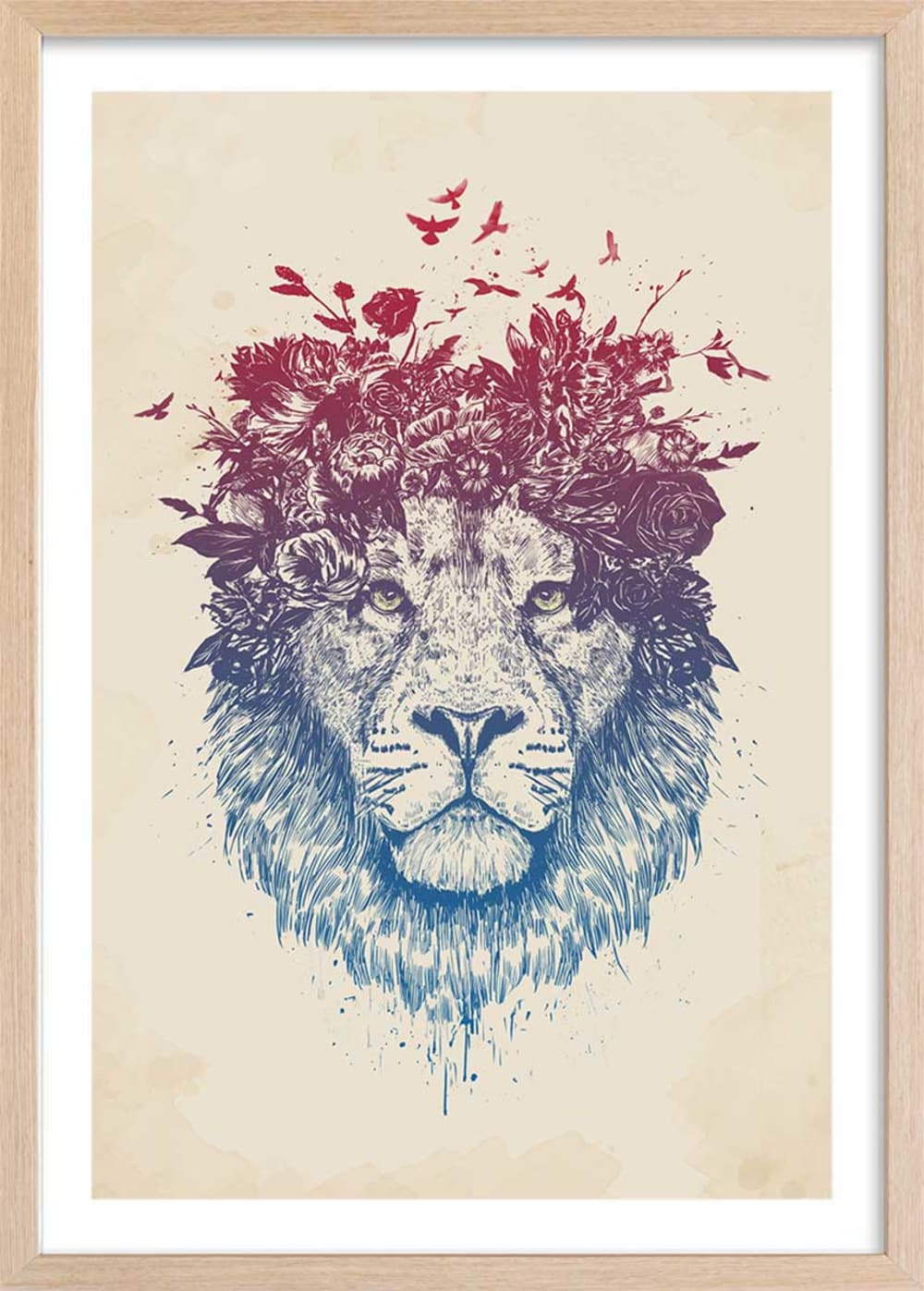 Affiche enfant lion aux fleurs  avec cadre bois 40x60 cm