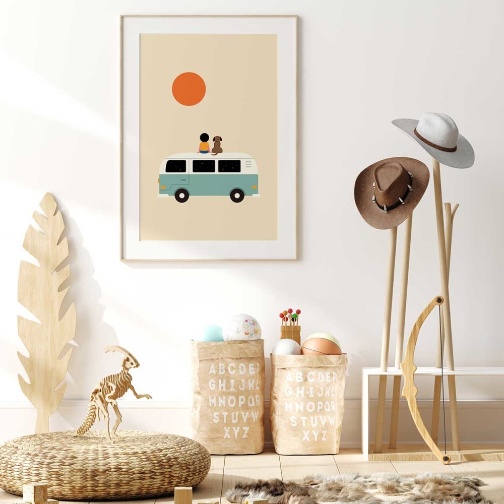 Affiche enfant sur le van  avec cadre bois 40x60 cm (Hexoa) - Image 1