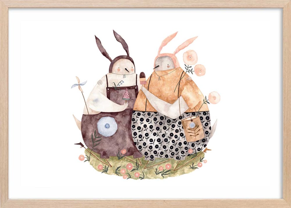 Affiche enfant oiseaux et crème glacée  avec cadre bois 60x40 cm