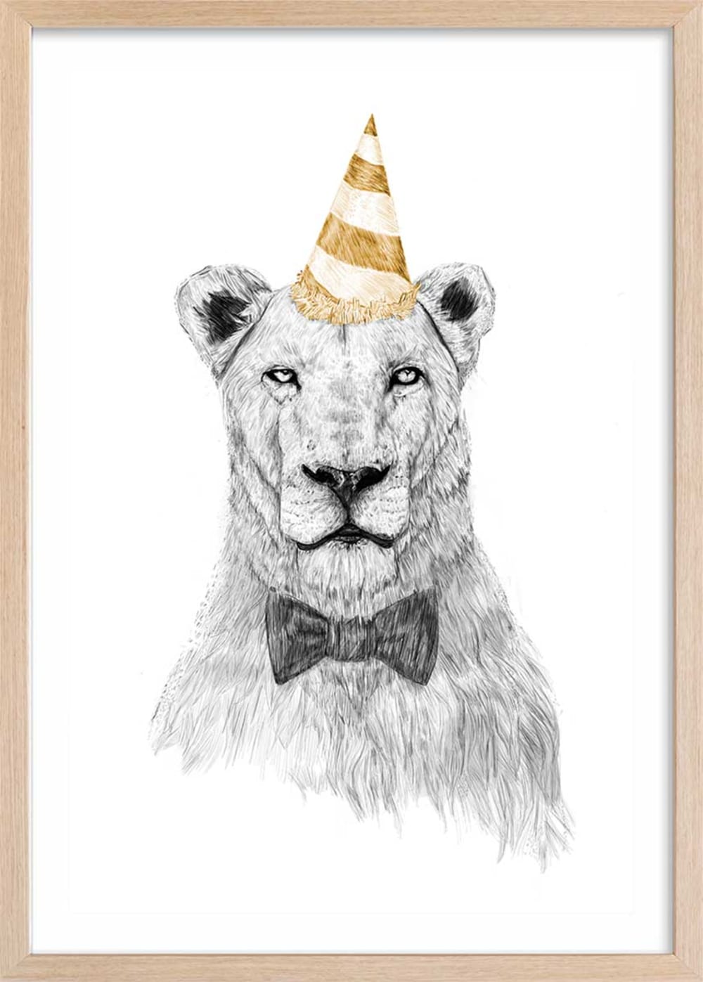 Affiche enfant lionne en fête  avec cadre bois 40x60 cm
