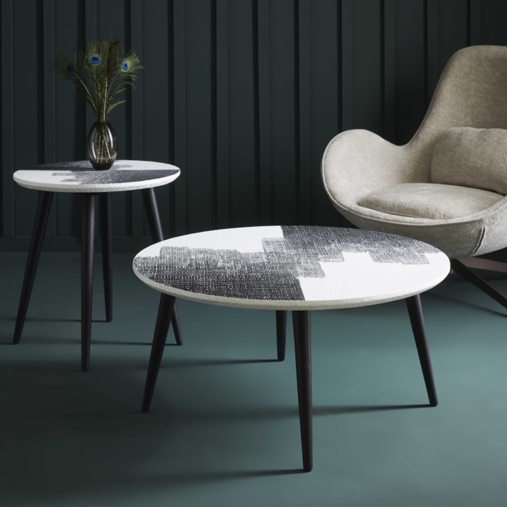 Signature Couchtisch mit abstraktem Gemälde auf der Tischplatte - L80 cm Grau Holz