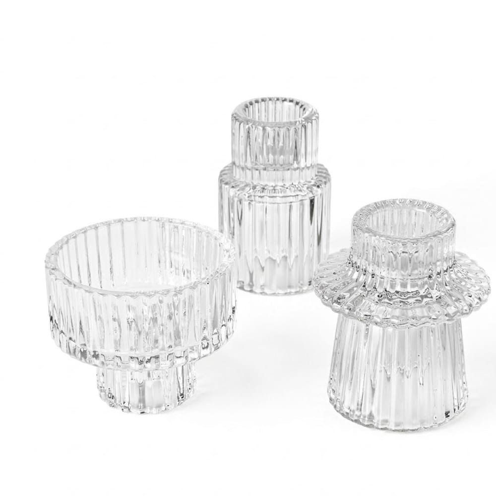 Set de 3 bougeoirs en verre strié 6x6x7cm