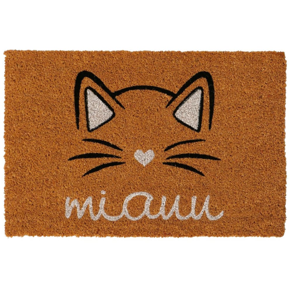 WADIGA Paillasson en coco avec motif chat. Dimensions: 60x40x1.5cm Matière: Coco Couleur: marron et noir