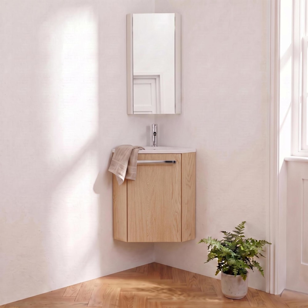 Ensemble lave-mains d'angle en chêne + vasque + robinet + miroir - Maisons du Monde