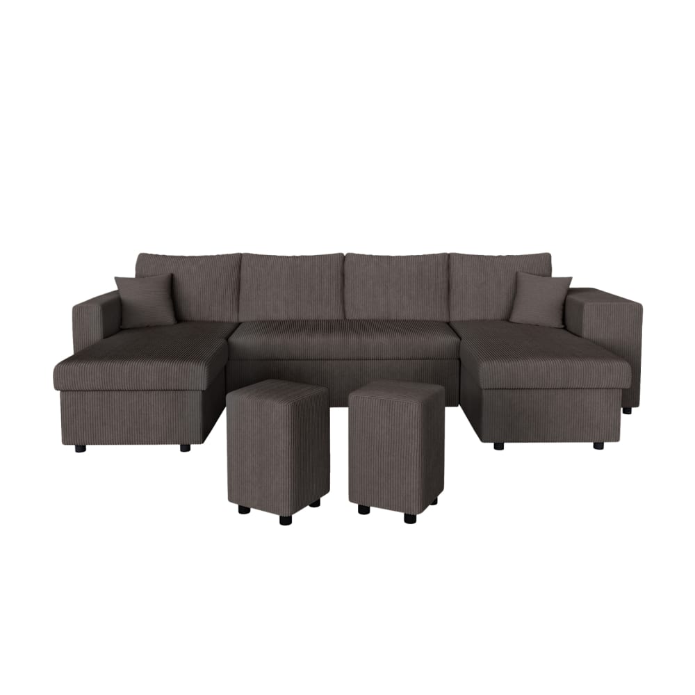 Canapé panoramique avec 2 poufs droit en velours côtelé - Gris