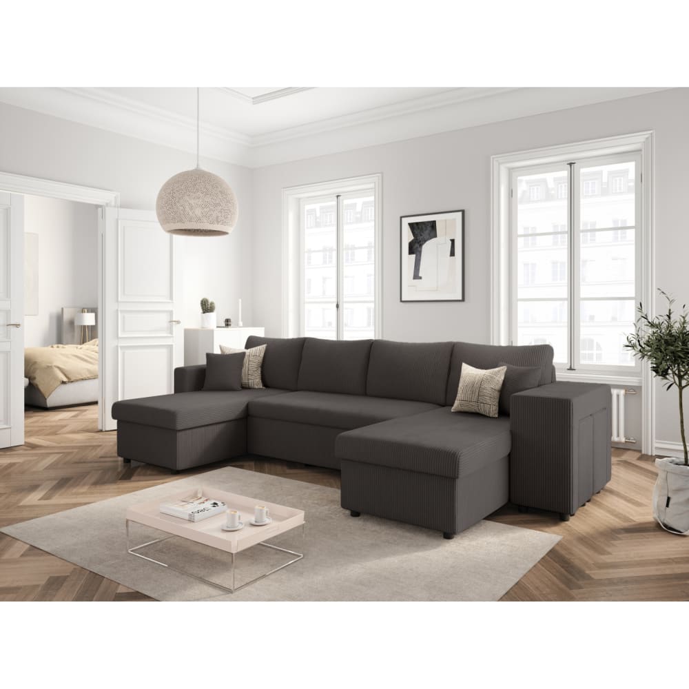 Canapé panoramique avec 2 poufs droit en velours côtelé - Gris