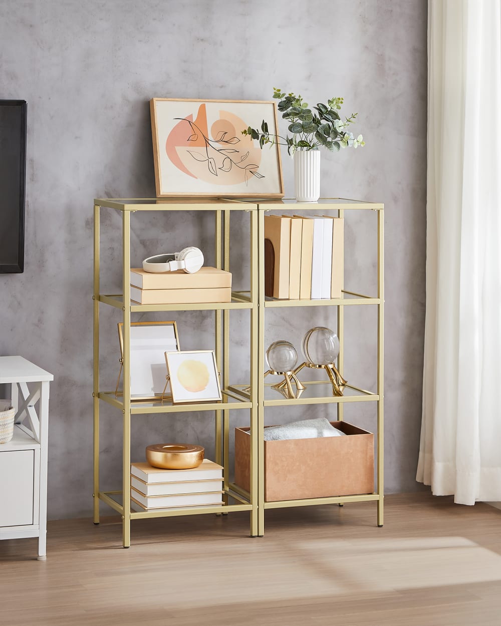 Lot de 2 bibliothèques à 4 niveaux en verre doré