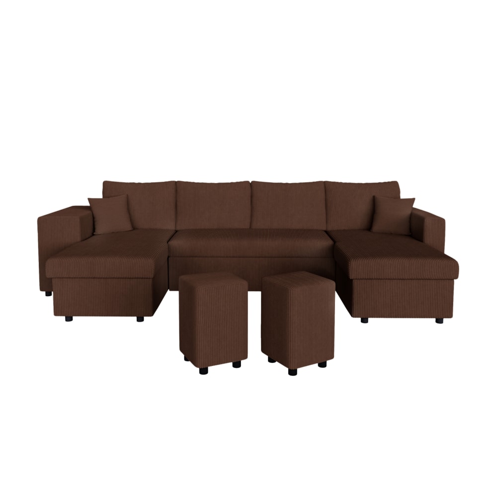 Canapé panoramique avec 2 poufs gauche en velours côtelé - Marron