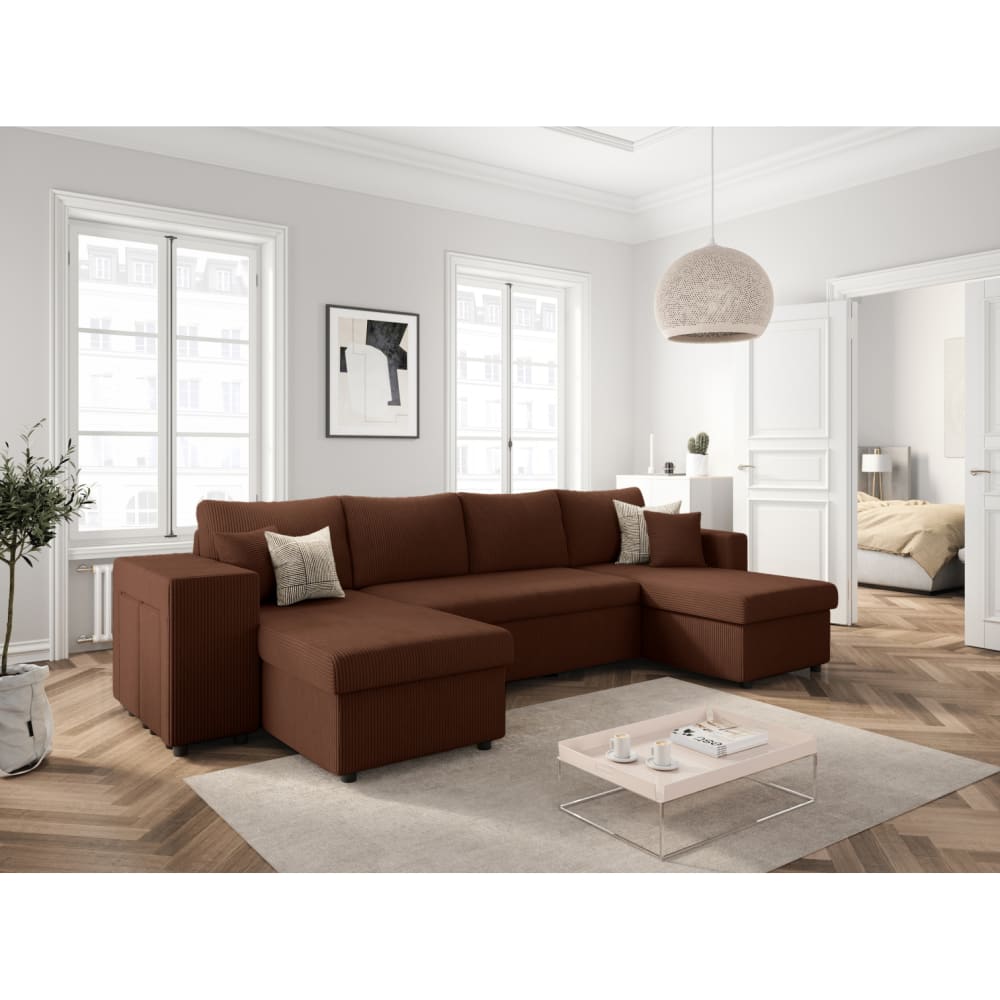 Canapé panoramique avec 2 poufs gauche en velours côtelé - Marron