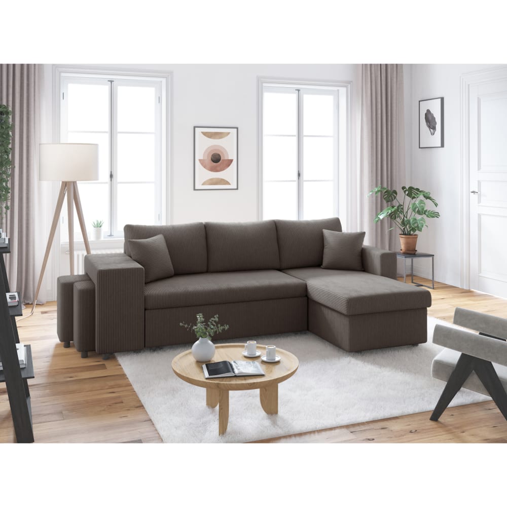 Canapé convertible avec 2 poufs gauche en velours côtelé - Gris foncé
