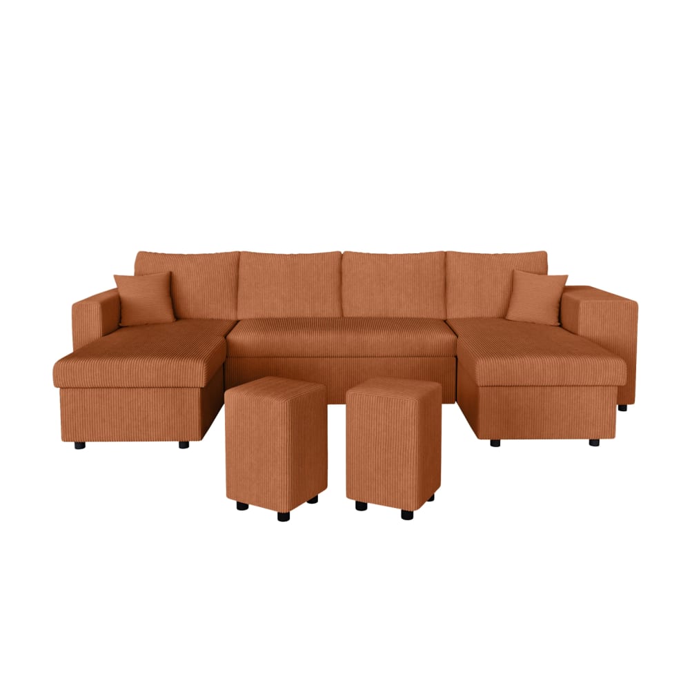 Canapé panoramique avec 2 poufs droit en velours côtelé - Terracotta