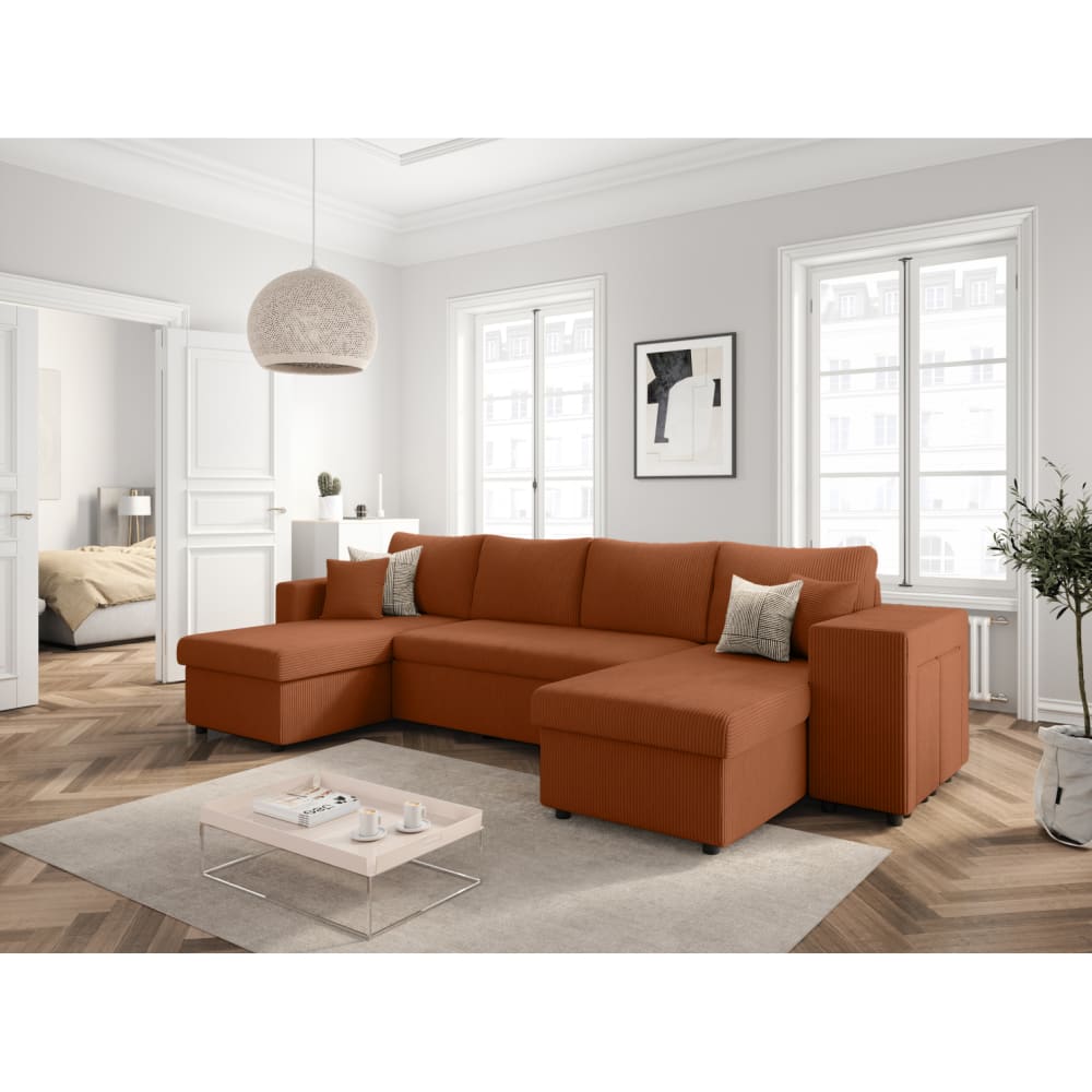 Canapé panoramique avec 2 poufs droit en velours côtelé - Terracotta